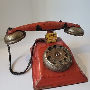 Vintage1950s Tin Toy Red Rotary Phone Bank